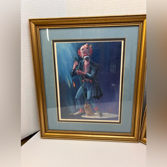Clown Prints by Jon Rigsby Set Of 2 Blue & Maroon Matted w/Gold Frames Sad/Happy - Picture 2 of 7